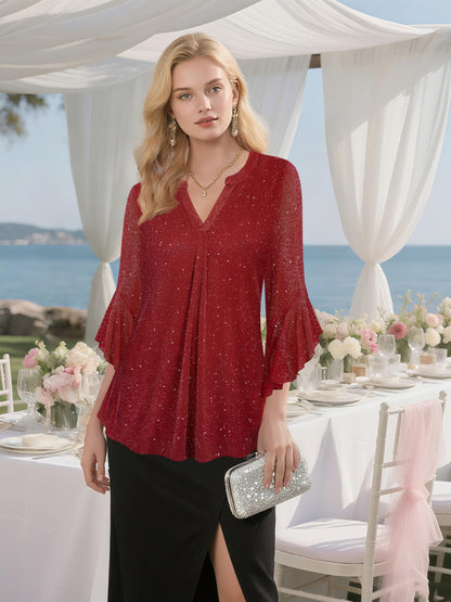 Ninedaily Womens Sparkly Tops 3/4 Sleeve Dressy Casual Sequin Blouses Double Layers Loose V Neck Shirt