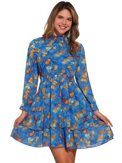 Allegra K Women's Floral Dress Chiffon Long Sleeve Mock Neck Ruffle Layered Smocked Mini Dresses