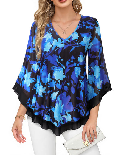 Lotusmile Womens Dressy Blouse Double Layers Mesh Shirt Ruffle 3/4 Flared Sleeve Tunic Tops