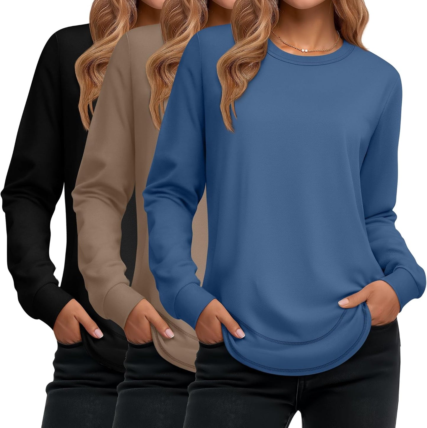 Ficerd 3 Pack Women's Long Sleeve Shirts, Cotton Crew Neck Tunic Tops Casual Loose Fit Pullover Sweatshirts Curved Hem Shirts