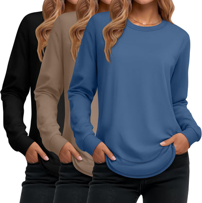 Ficerd 3 Pack Women's Long Sleeve Shirts, Cotton Crew Neck Tunic Tops Casual Loose Fit Pullover Sweatshirts Curved Hem Shirts