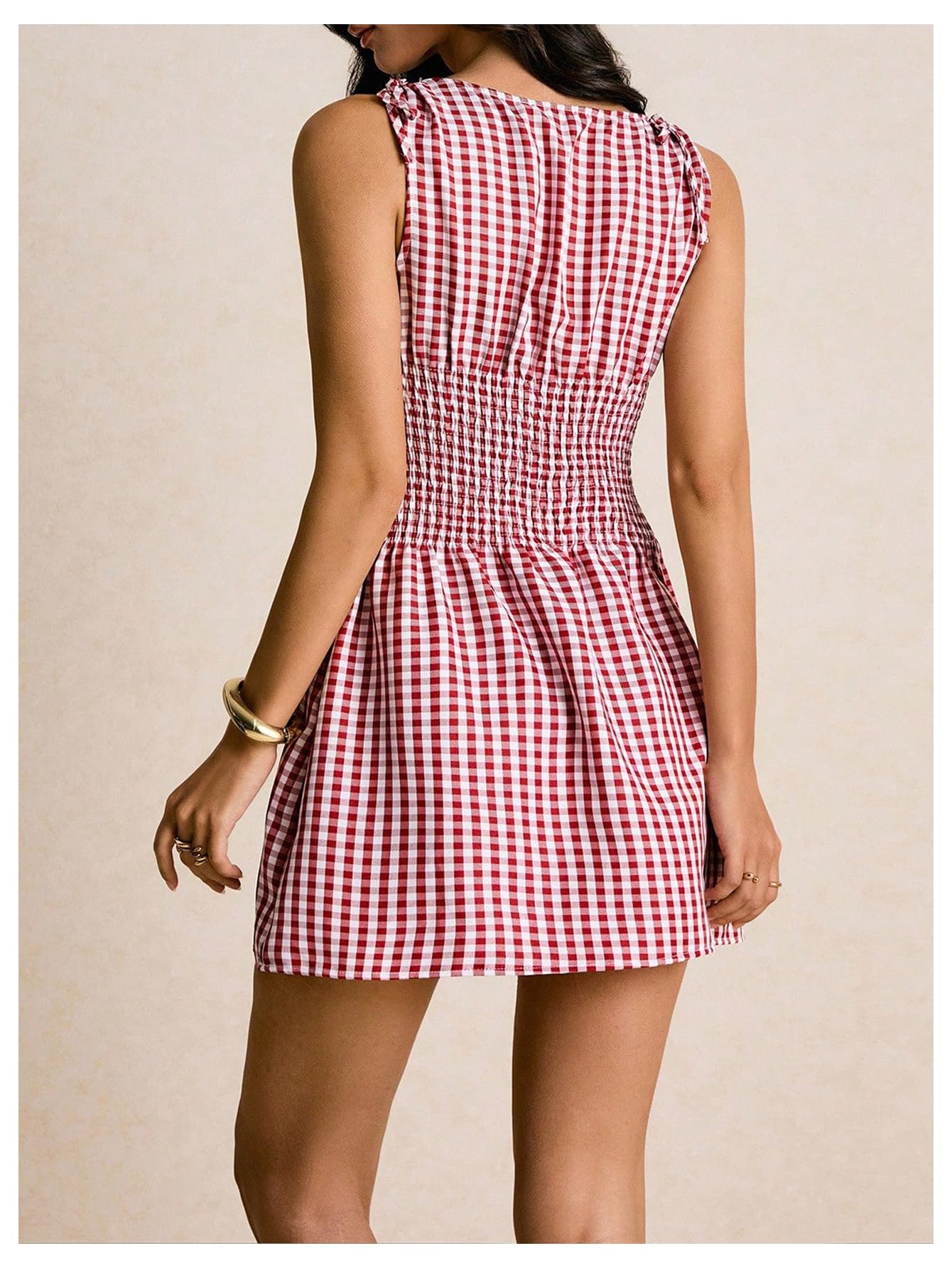 Floerns Women's Tie Shoulder A Line Gingham Dress Boat Neck Mini Checkered Elegant Dresses