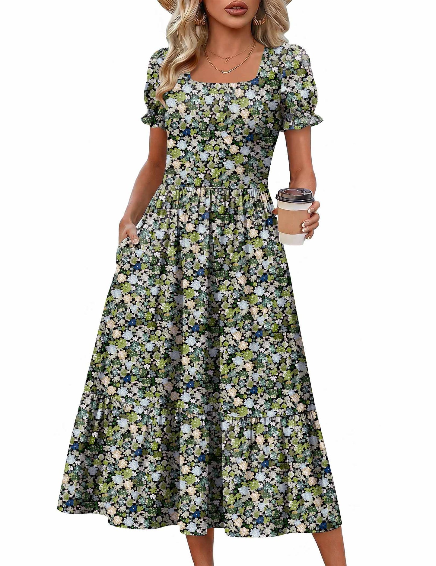 Zeagoo Summer Dresses for Women Flowy Casual Midi Dress Short Sleeve Tiered Dress Beach Vacation Sundresses with Pockets