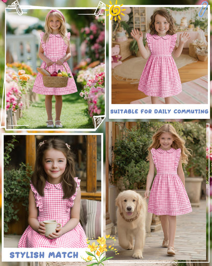 Xaatren Girls' Ruffle Sleeves Dress 5-14 Years Doll Collar Plaid Midi Length Gingham Flutter Pockets Summer Dress with Zipper