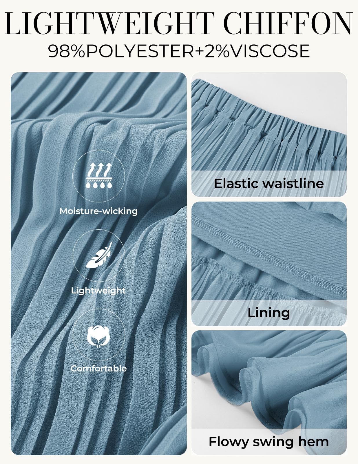 Kate Kasin 2026 Women's Chiffon Maxi Skirt, High Waist Pleated Skirts, Summer Flowy Long Skirts with Underskirt