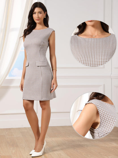 Allegra K Houndstooth Dress for Women's Sleeveless Boat Neck Plaid Work Sheath Dresses