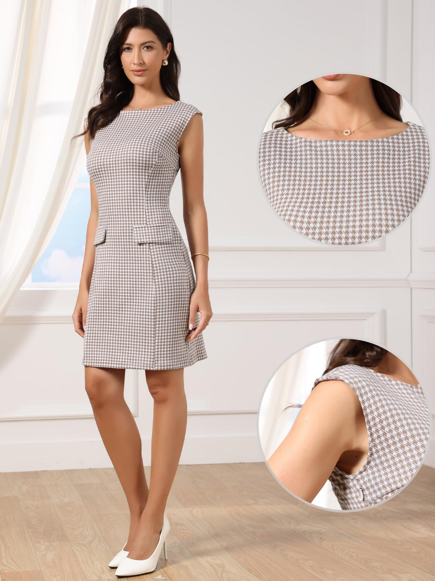 Allegra K Houndstooth Dress for Women's Sleeveless Boat Neck Plaid Work Sheath Dresses