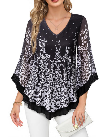 Lotusmile Womens Dressy Blouse Double Layers Mesh Shirt Ruffle 3/4 Flared Sleeve Tunic Tops