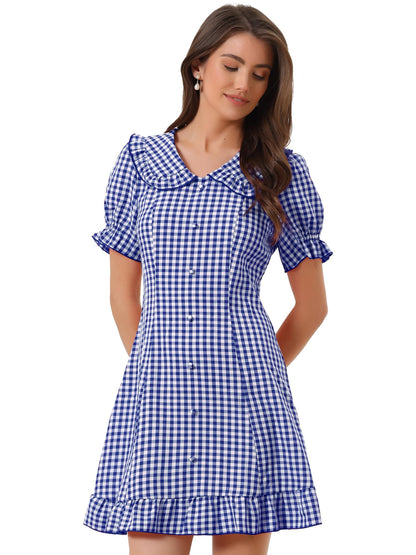 Allegra K Women's Gingham Checks Ruffled Peter Pan Collar Cute Mini Dress