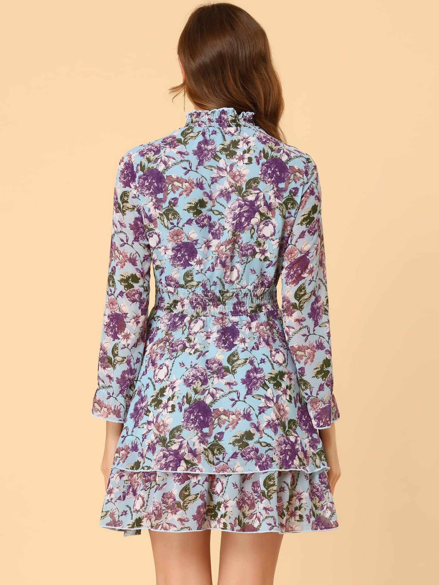 Allegra K Women's Floral Dress Chiffon Long Sleeve Mock Neck Ruffle Layered Smocked Mini Dresses