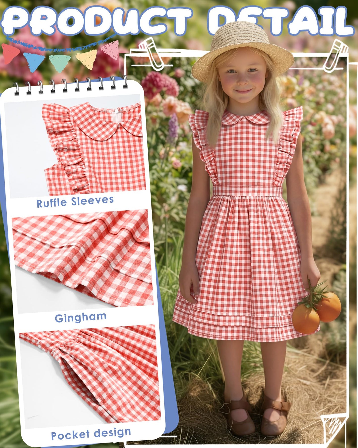 Xaatren Girls' Ruffle Sleeves Dress 5-14 Years Doll Collar Plaid Midi Length Gingham Flutter Pockets Summer Dress with Zipper