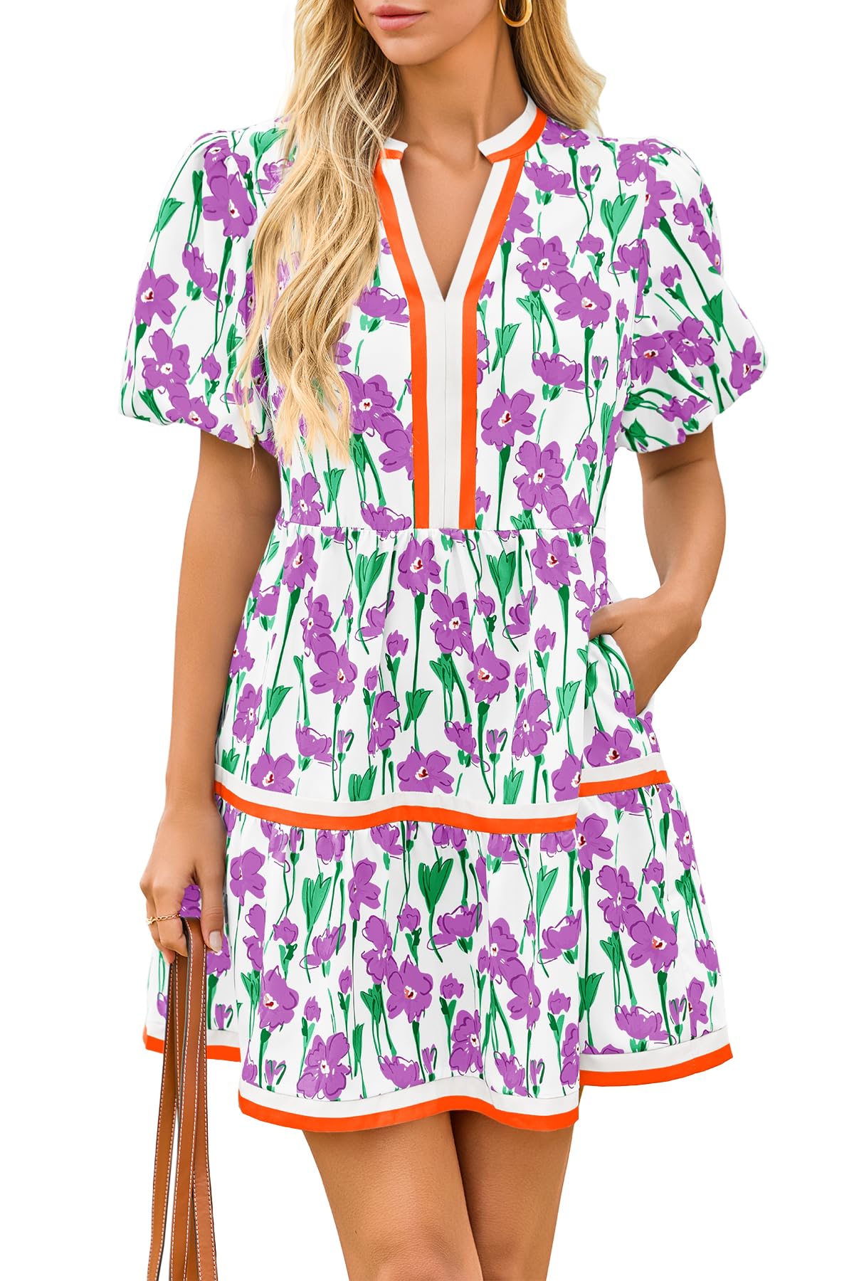 Cicy Bell Womens Summer Puff Sleeve V Neck Floral Mini Boho Beach Dresses | Short Length, Patchwork,Hawaiian,Vacation,Loose fit ,Print with pockets