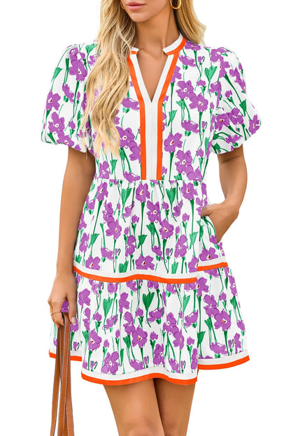 Cicy Bell Womens Summer Puff Sleeve V Neck Floral Mini Boho Beach Dresses | Short Length, Patchwork,Hawaiian,Vacation,Loose fit ,Print with pockets