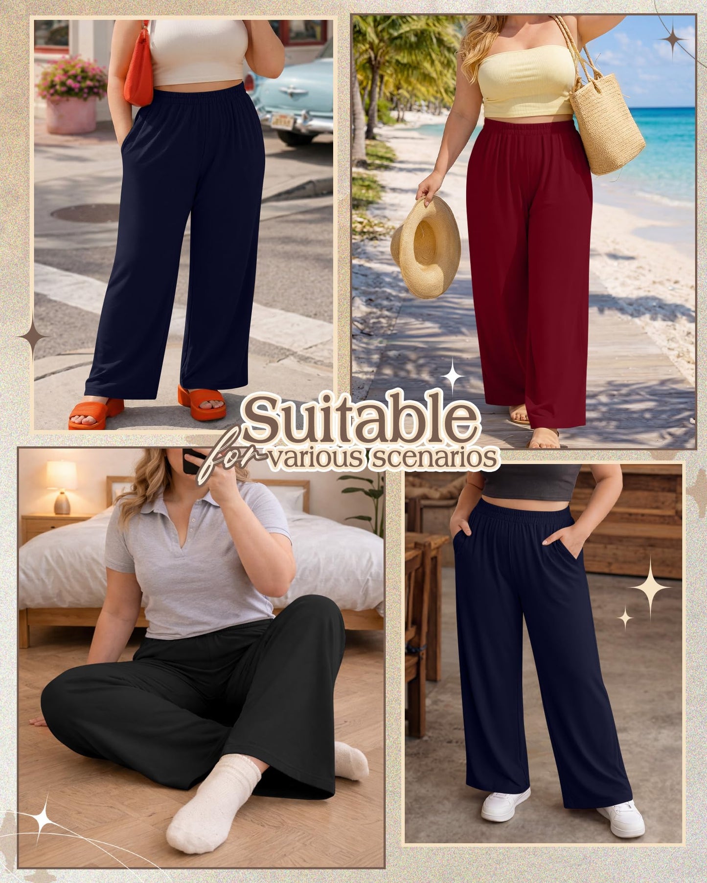 Evervibe 3 Pack Women Plus Size Wide Leg Pants Loose Fit Palazzo Lounge Yoga Sweatpants High Waist Casual Pajamas Pants