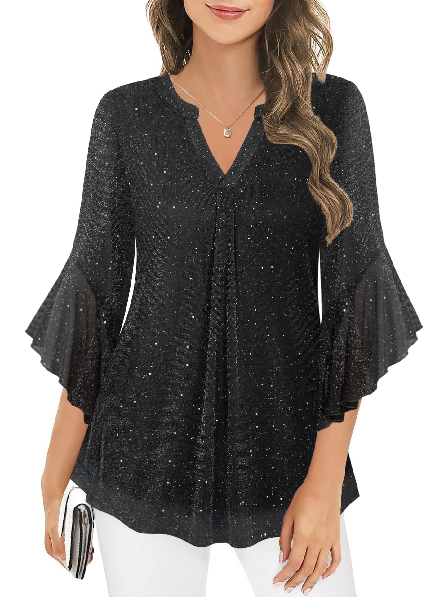 Ninedaily Womens Sparkly Tops 3/4 Sleeve Dressy Casual Sequin Blouses Double Layers Loose V Neck Shirt