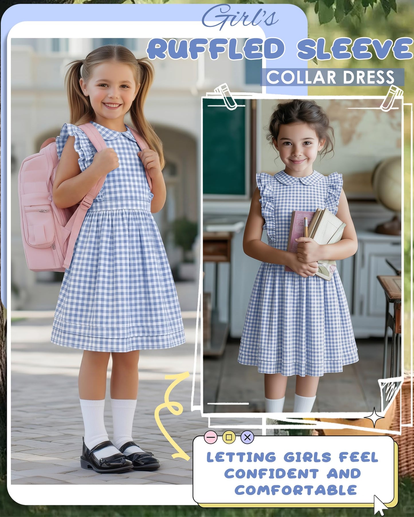 Xaatren Girls' Ruffle Sleeves Dress 5-14 Years Doll Collar Plaid Midi Length Gingham Flutter Pockets Summer Dress with Zipper