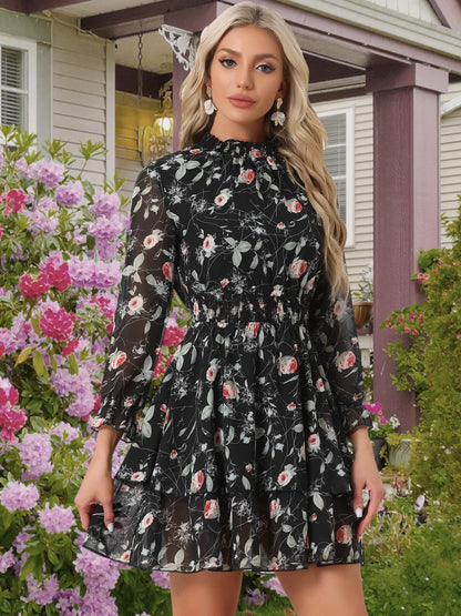 Allegra K Women's Floral Dress Chiffon Long Sleeve Mock Neck Ruffle Layered Smocked Mini Dresses
