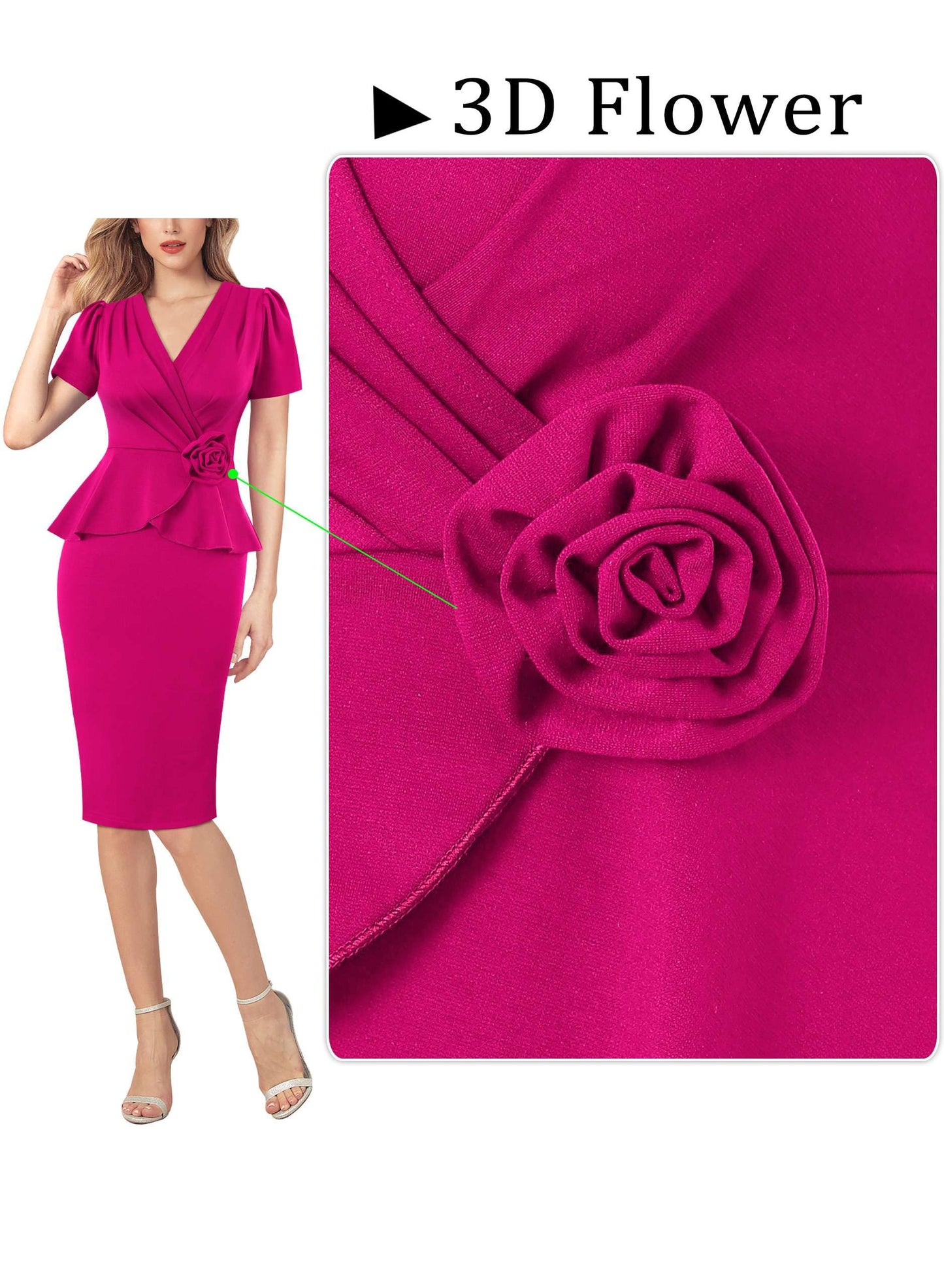 VFSHOW Womens 2024 Business Work Office 3D Flower Pleated Puff Sleeve Faux Wrap V Neck Slim Bodycon Pencil Dress
