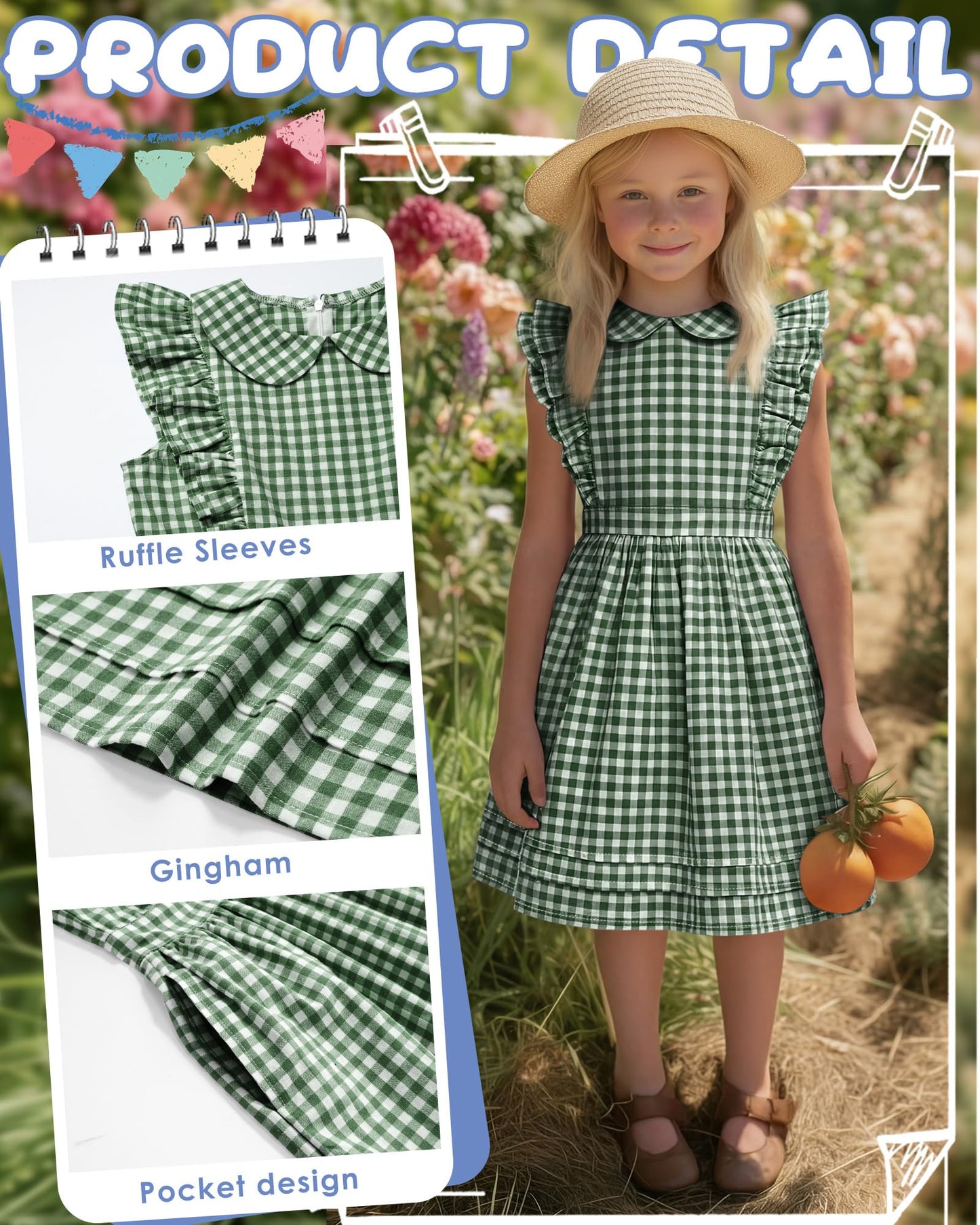 Xaatren Girls' Ruffle Sleeves Dress 5-14 Years Doll Collar Plaid Midi Length Gingham Flutter Pockets Summer Dress with Zipper