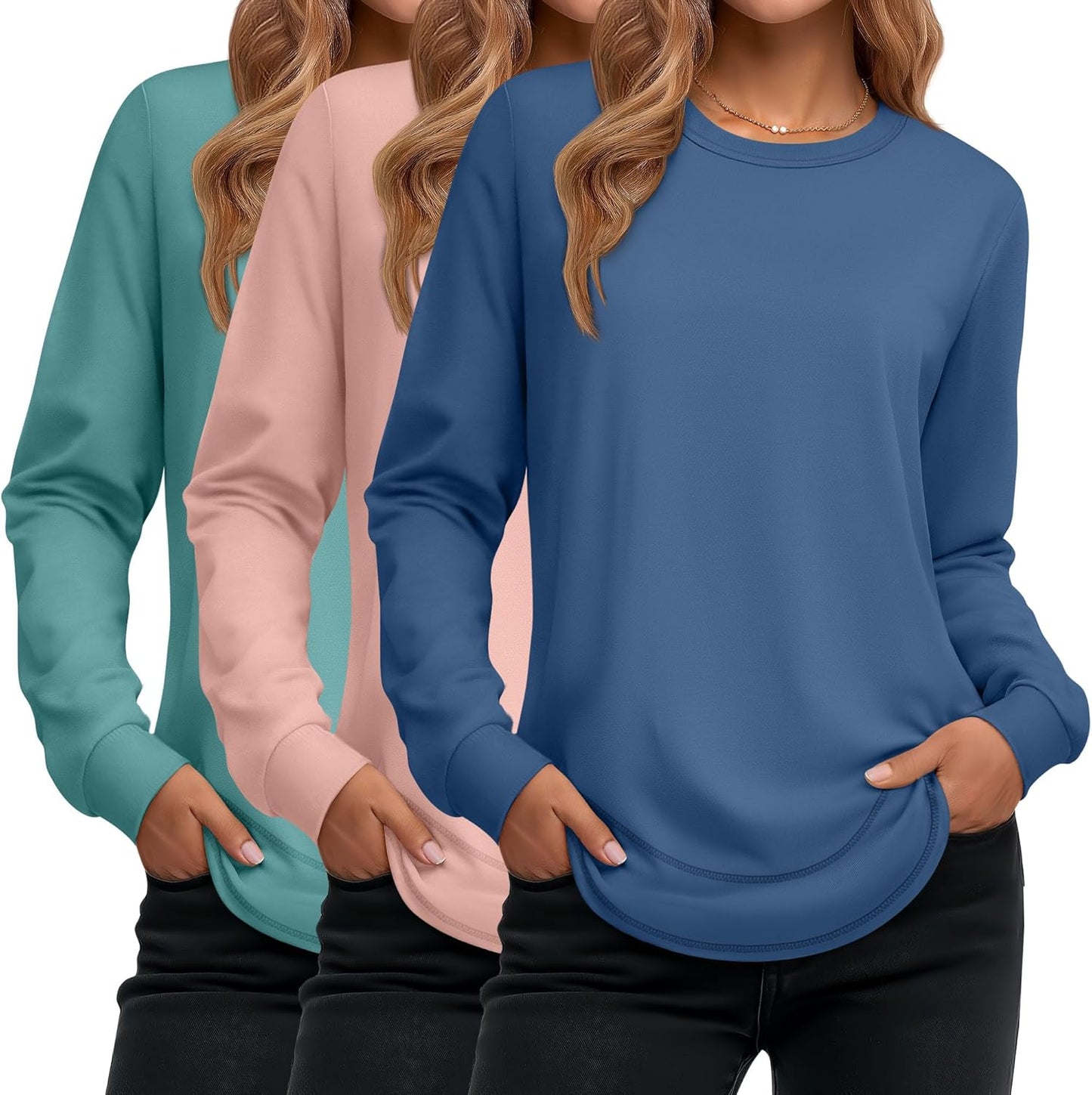 Ficerd 3 Pack Women's Long Sleeve Shirts, Cotton Crew Neck Tunic Tops Casual Loose Fit Pullover Sweatshirts Curved Hem Shirts