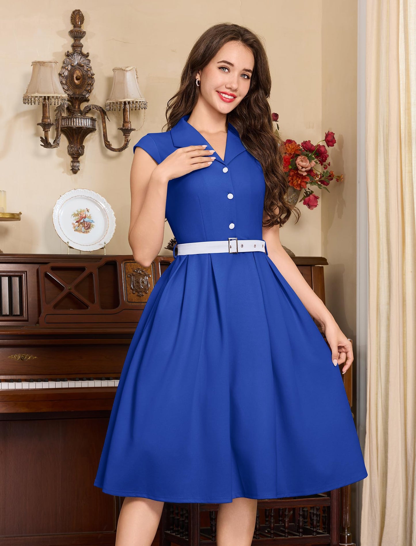 Women's 1950s Retro Dress Sleeveless Cocktail Prom Swing Midi Belt Dresses with Pockets Vintage Style