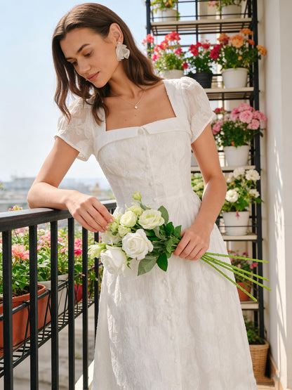 RIHOAS Elegant Casual Dresses for Women Short Sleeve Puff Square Neck A-Line Midi Dress