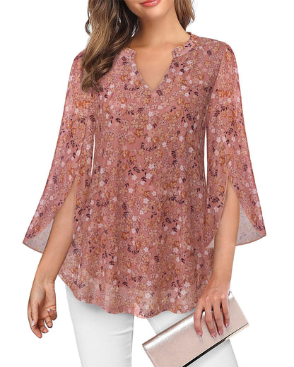 VALOLIA Women's 3/4 Sleeve Floral Tunic Tops V Neck Double Layers Loose Fit Mesh Blouses Shirt
