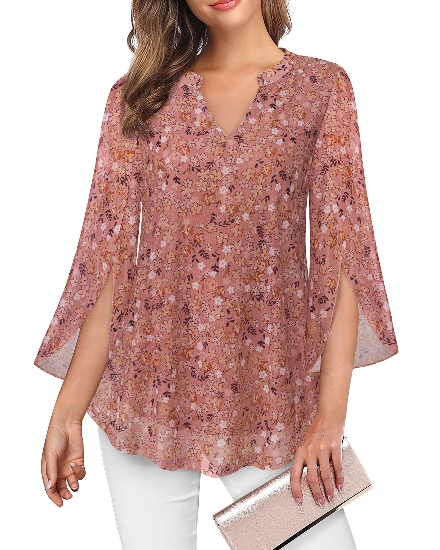 VALOLIA Women's 3/4 Sleeve Floral Tunic Tops V Neck Double Layers Loose Fit Mesh Blouses Shirt