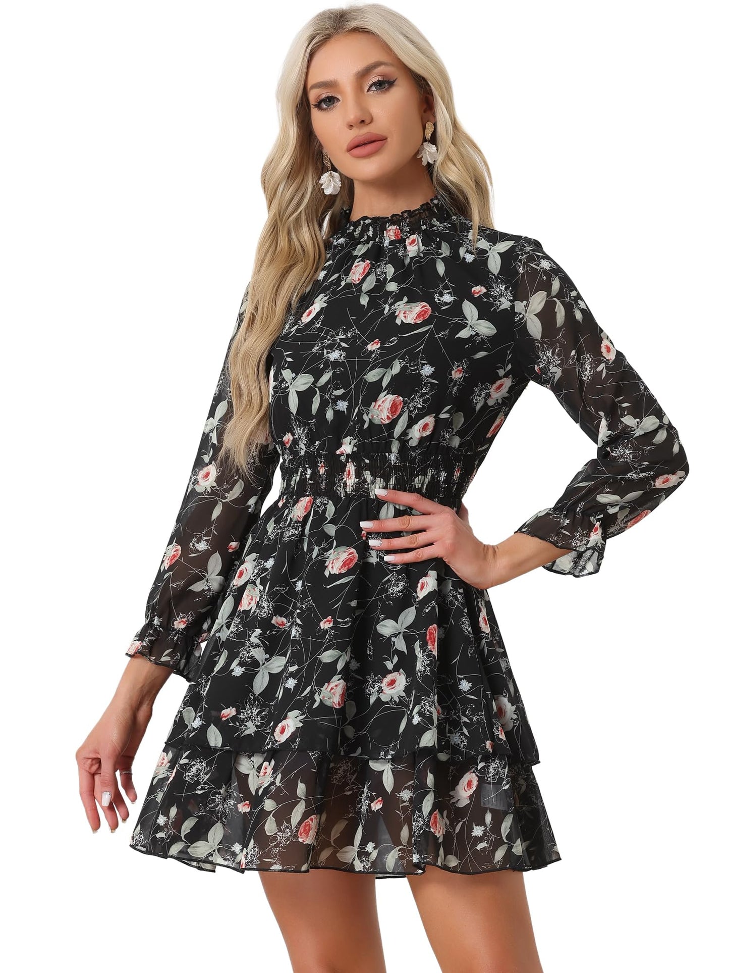 Allegra K Women's Floral Dress Chiffon Long Sleeve Mock Neck Ruffle Layered Smocked Mini Dresses
