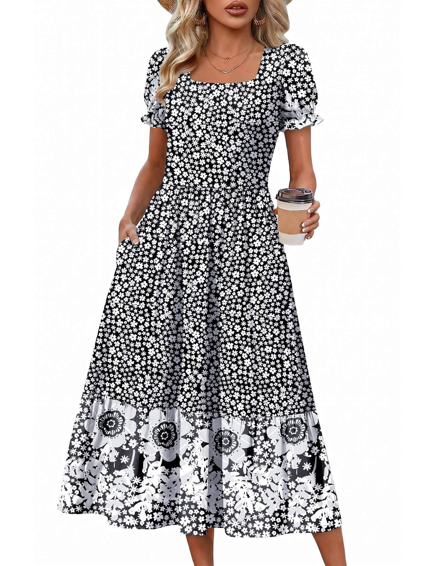 Zeagoo Summer Dresses for Women Flowy Casual Midi Dress Short Sleeve Tiered Dress Beach Vacation Sundresses with Pockets