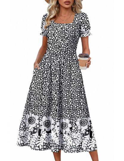 Zeagoo Summer Dresses for Women Flowy Casual Midi Dress Short Sleeve Tiered Dress Beach Vacation Sundresses with Pockets