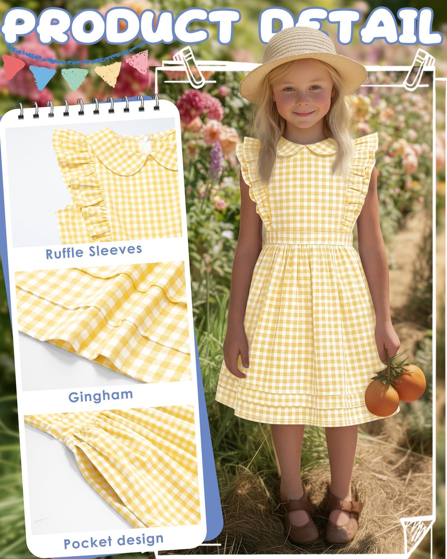 Xaatren Girls' Ruffle Sleeves Dress 5-14 Years Doll Collar Plaid Midi Length Gingham Flutter Pockets Summer Dress with Zipper