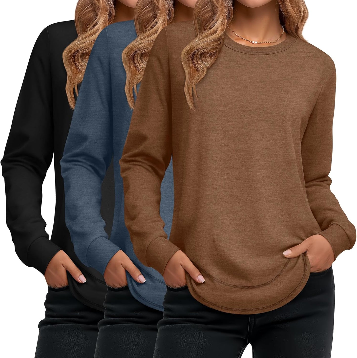 Ficerd 3 Pack Women's Long Sleeve Shirts, Cotton Crew Neck Tunic Tops Casual Loose Fit Pullover Sweatshirts Curved Hem Shirts