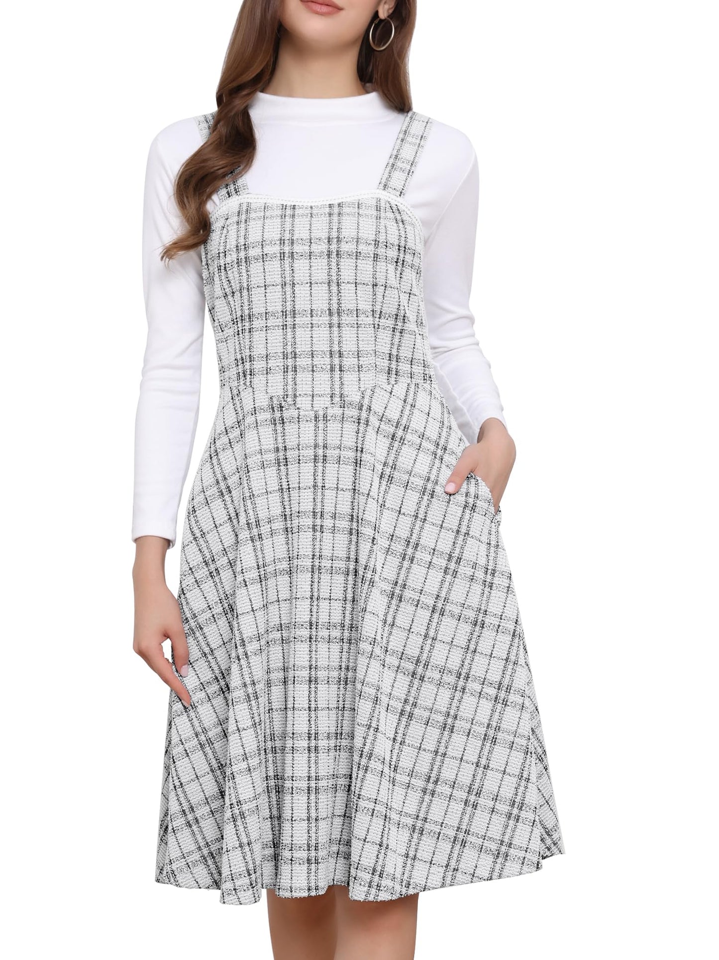 Allegra K Tweed Dress for Women Sleeveless Square Neck Plaid A-Line Pinafore Overall Dresses