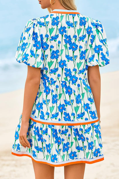 Cicy Bell Womens Summer Puff Sleeve V Neck Floral Mini Boho Beach Dresses | Short Length, Patchwork,Hawaiian,Vacation,Loose fit ,Print with pockets