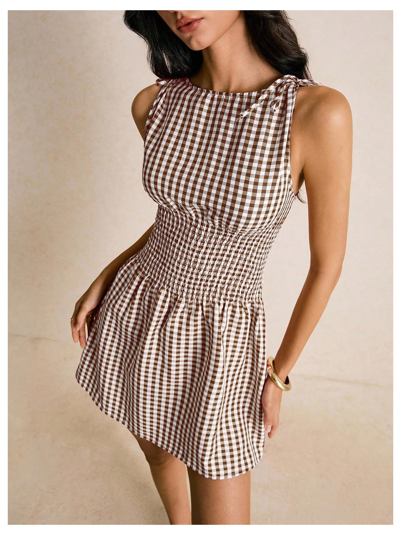 Floerns Women's Tie Shoulder A Line Gingham Dress Boat Neck Mini Checkered Elegant Dresses