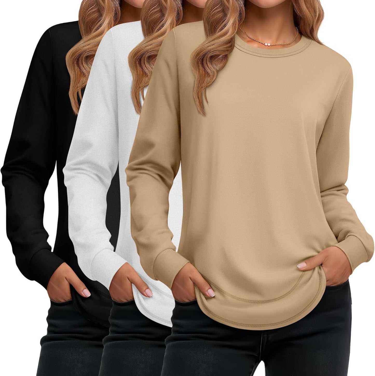Ficerd 3 Pack Women's Long Sleeve Shirts, Cotton Crew Neck Tunic Tops Casual Loose Fit Pullover Sweatshirts Curved Hem Shirts