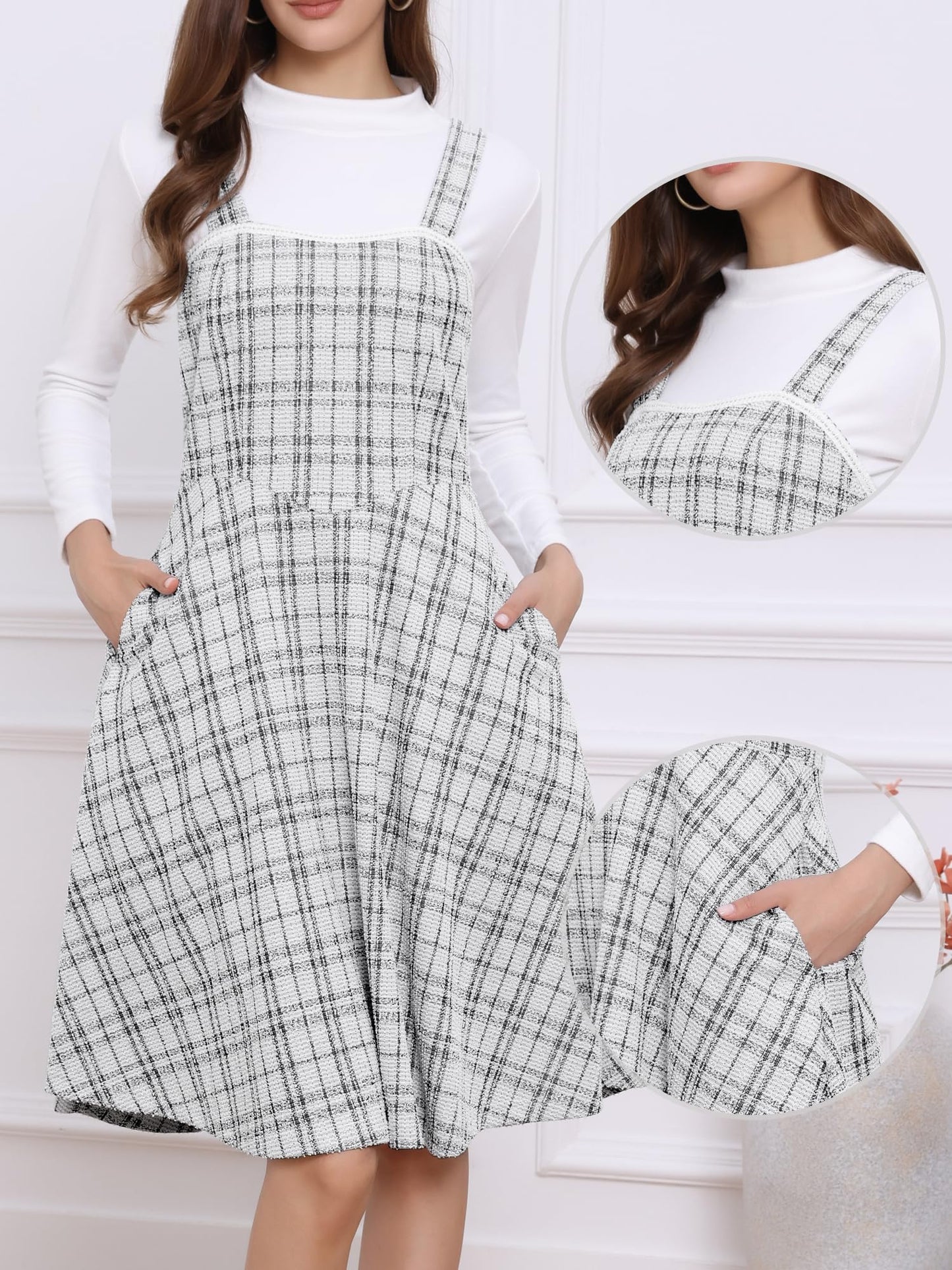 Allegra K Tweed Dress for Women Sleeveless Square Neck Plaid A-Line Pinafore Overall Dresses