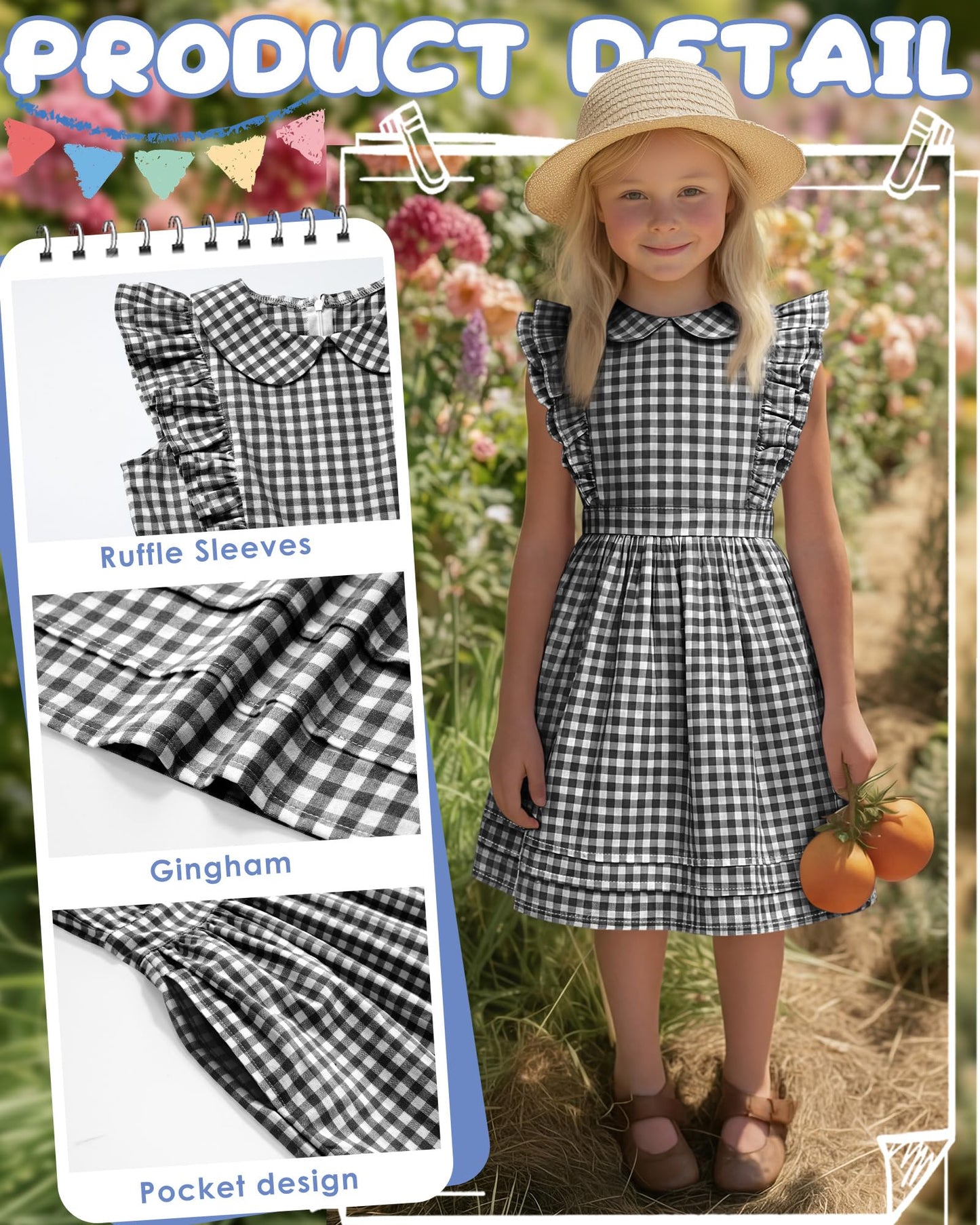 Xaatren Girls' Ruffle Sleeves Dress 5-14 Years Doll Collar Plaid Midi Length Gingham Flutter Pockets Summer Dress with Zipper