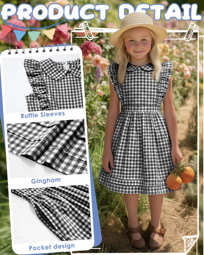 Xaatren Girls' Ruffle Sleeves Dress 5-14 Years Doll Collar Plaid Midi Length Gingham Flutter Pockets Summer Dress with Zipper