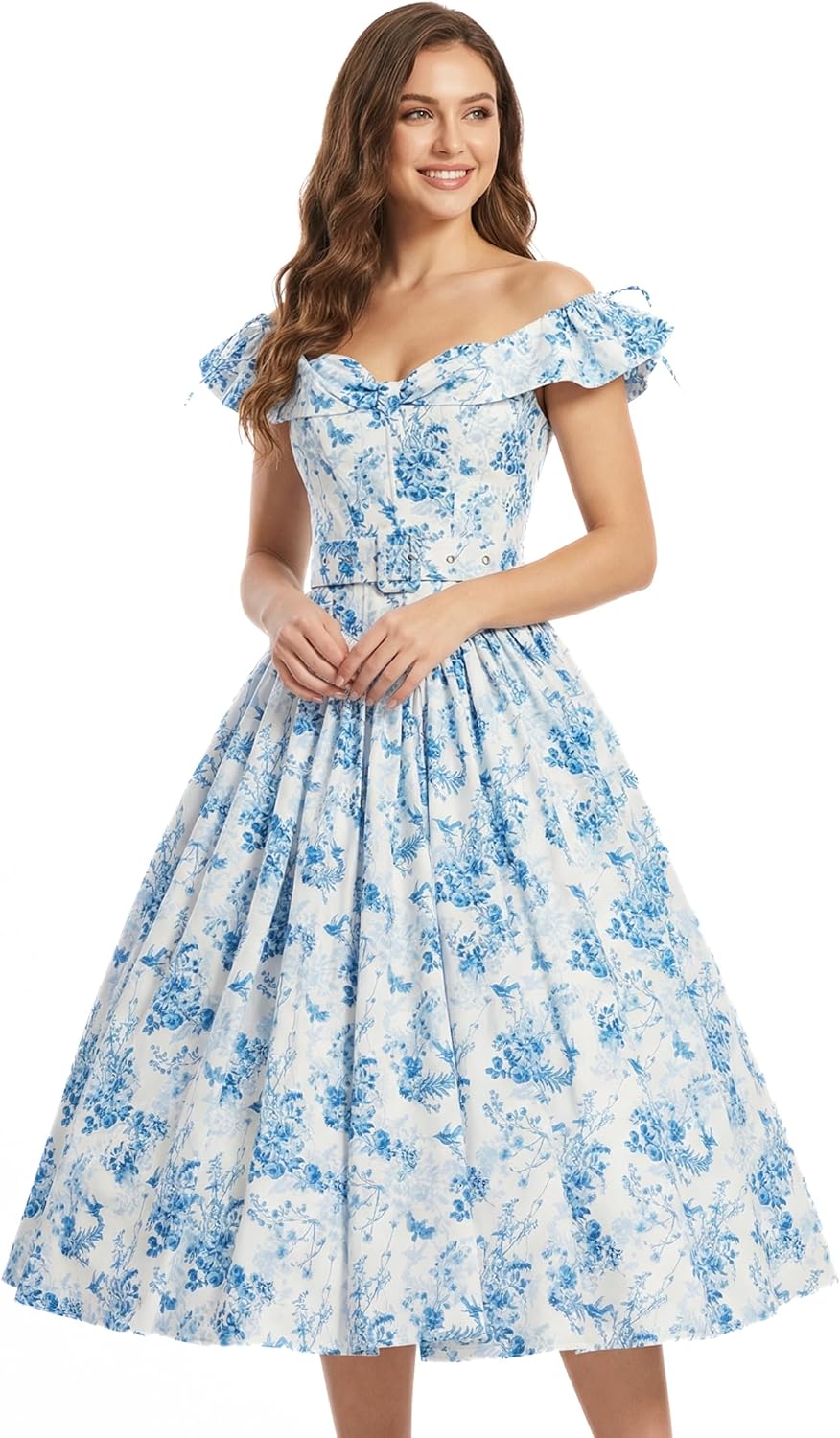 miccostumes Vintage 1950s Floral Print Dress with Adjustable Back & Belt Off-The-Shoulder Regular Sleeves Retro Swing Dress