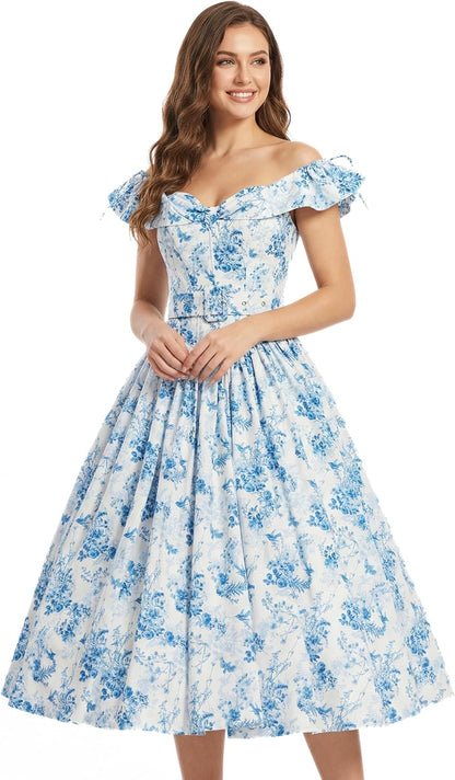 miccostumes Vintage 1950s Floral Print Dress with Adjustable Back & Belt Off-The-Shoulder Regular Sleeves Retro Swing Dress
