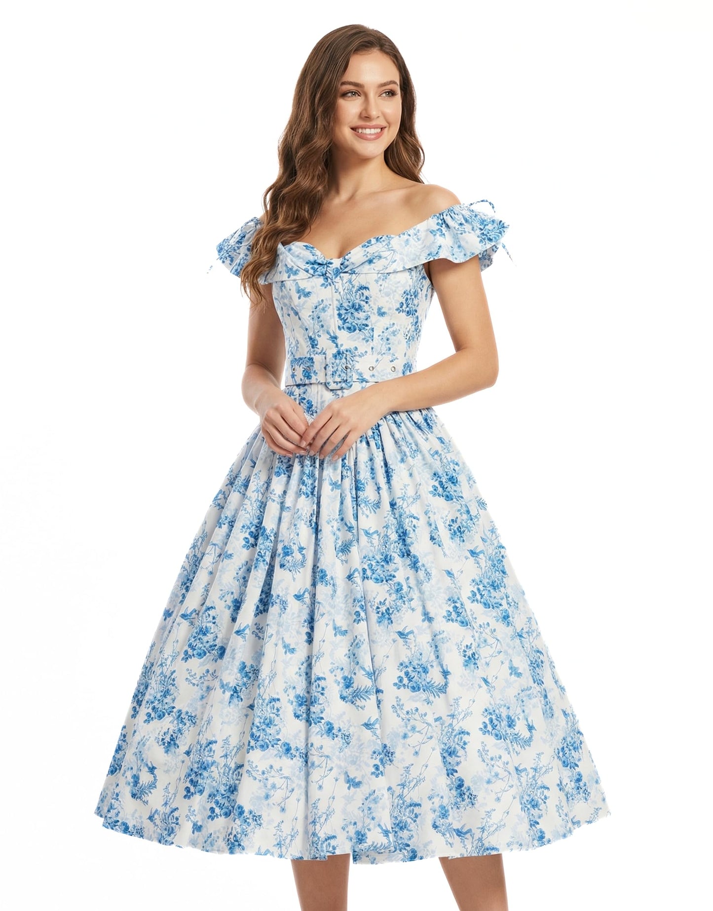 miccostumes Vintage 1950s Floral Print Dress with Adjustable Back & Belt Off-The-Shoulder Regular Sleeves Retro Swing Dress