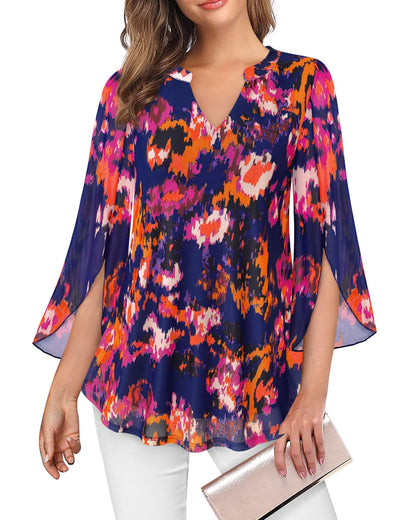 VALOLIA Women's 3/4 Sleeve Floral Tunic Tops V Neck Double Layers Loose Fit Mesh Blouses Shirt