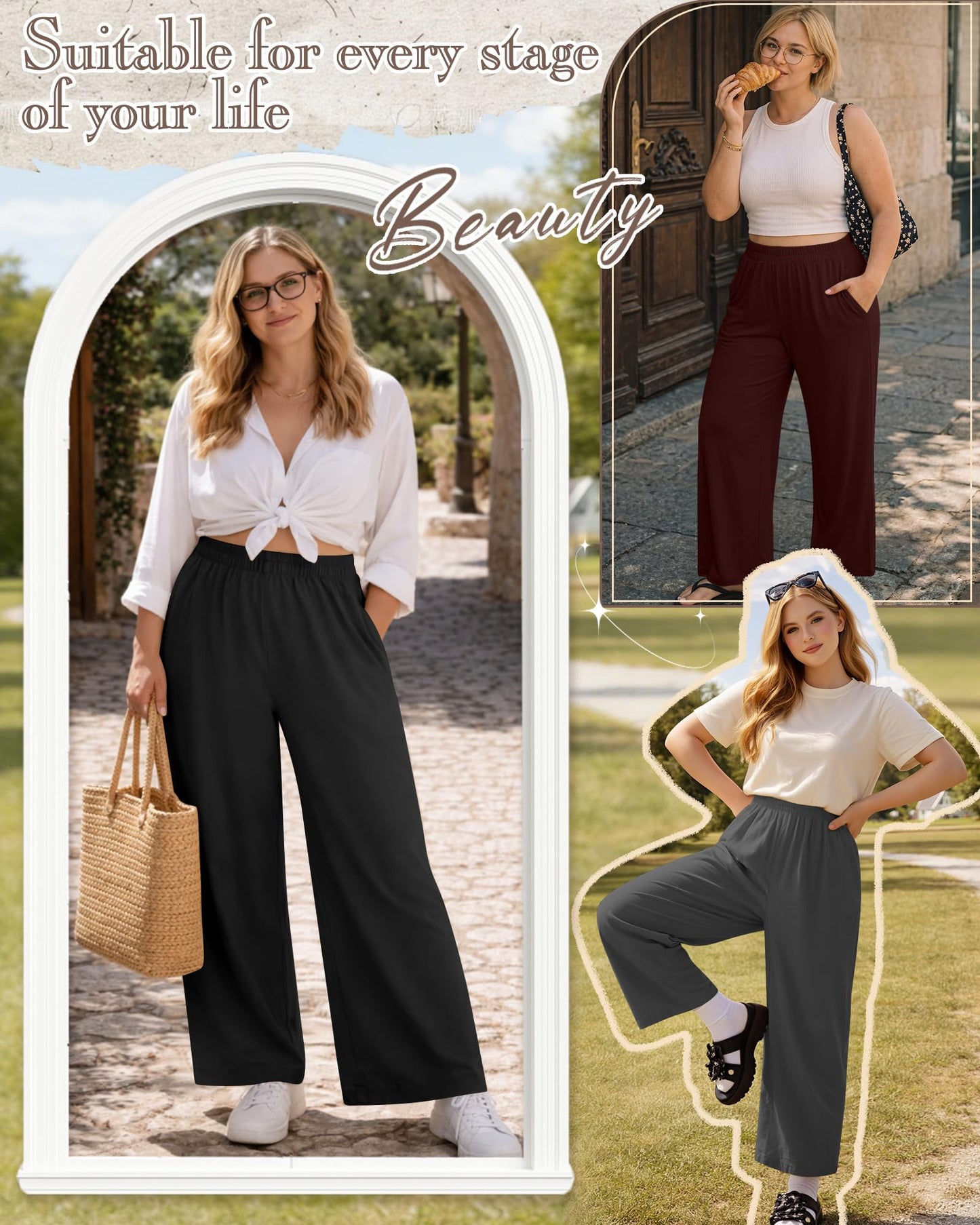 Evervibe 3 Pack Women Plus Size Wide Leg Pants Loose Fit Palazzo Lounge Yoga Sweatpants High Waist Casual Pajamas Pants