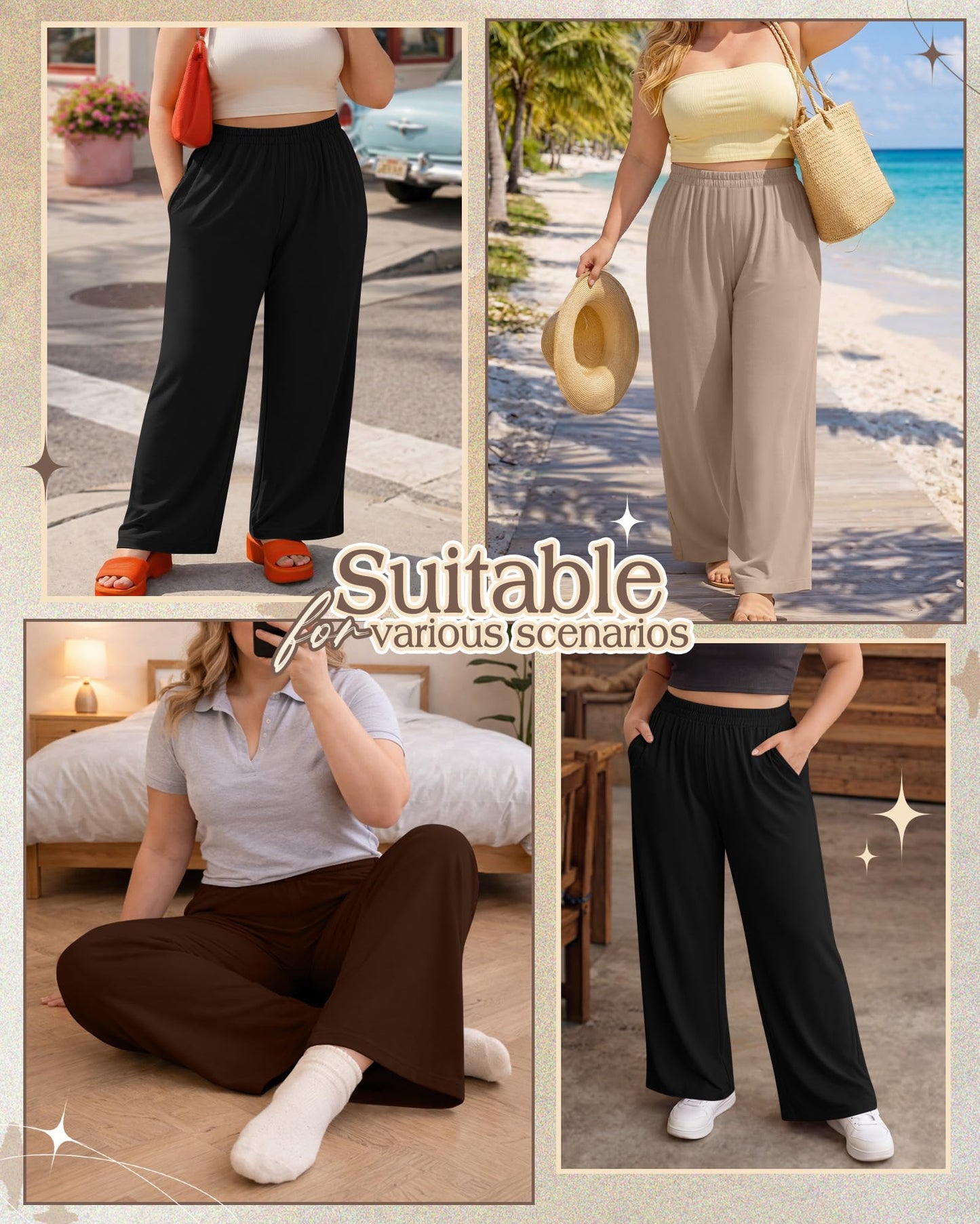 Evervibe 3 Pack Women Plus Size Wide Leg Pants Loose Fit Palazzo Lounge Yoga Sweatpants High Waist Casual Pajamas Pants