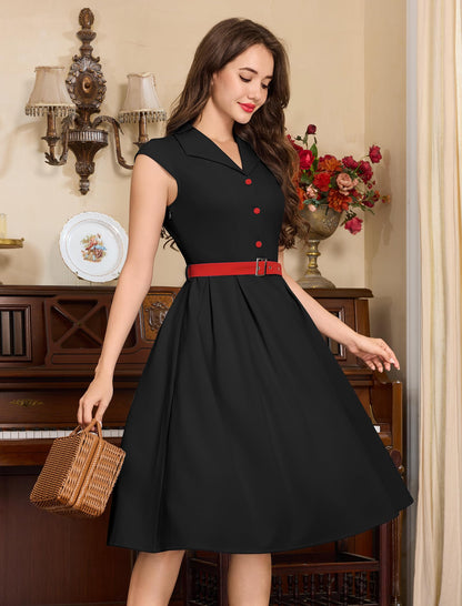 Women's 1950s Retro Dress Sleeveless Cocktail Prom Swing Midi Belt Dresses with Pockets Vintage Style