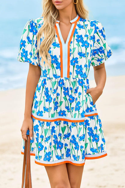 Cicy Bell Womens Summer Puff Sleeve V Neck Floral Mini Boho Beach Dresses | Short Length, Patchwork,Hawaiian,Vacation,Loose fit ,Print with pockets