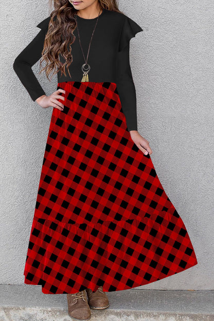HOSIKA Girls Fall Ruffle Long Sleeve Crew Neck Loose Casual Flowy Tiered Maxi Dress with Pockets for 6-12 Y