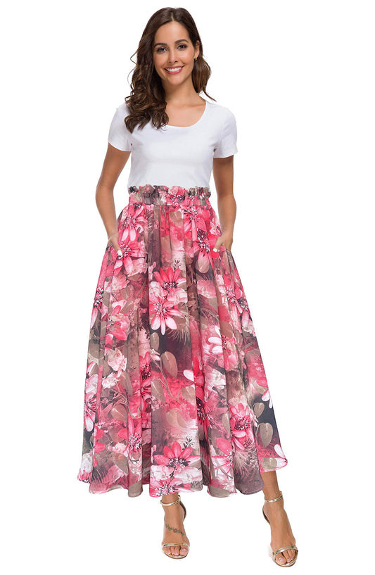 Afibi Women High Waist Floral Print Swing Chiffon Beach Midi Long Skirt with Pockets